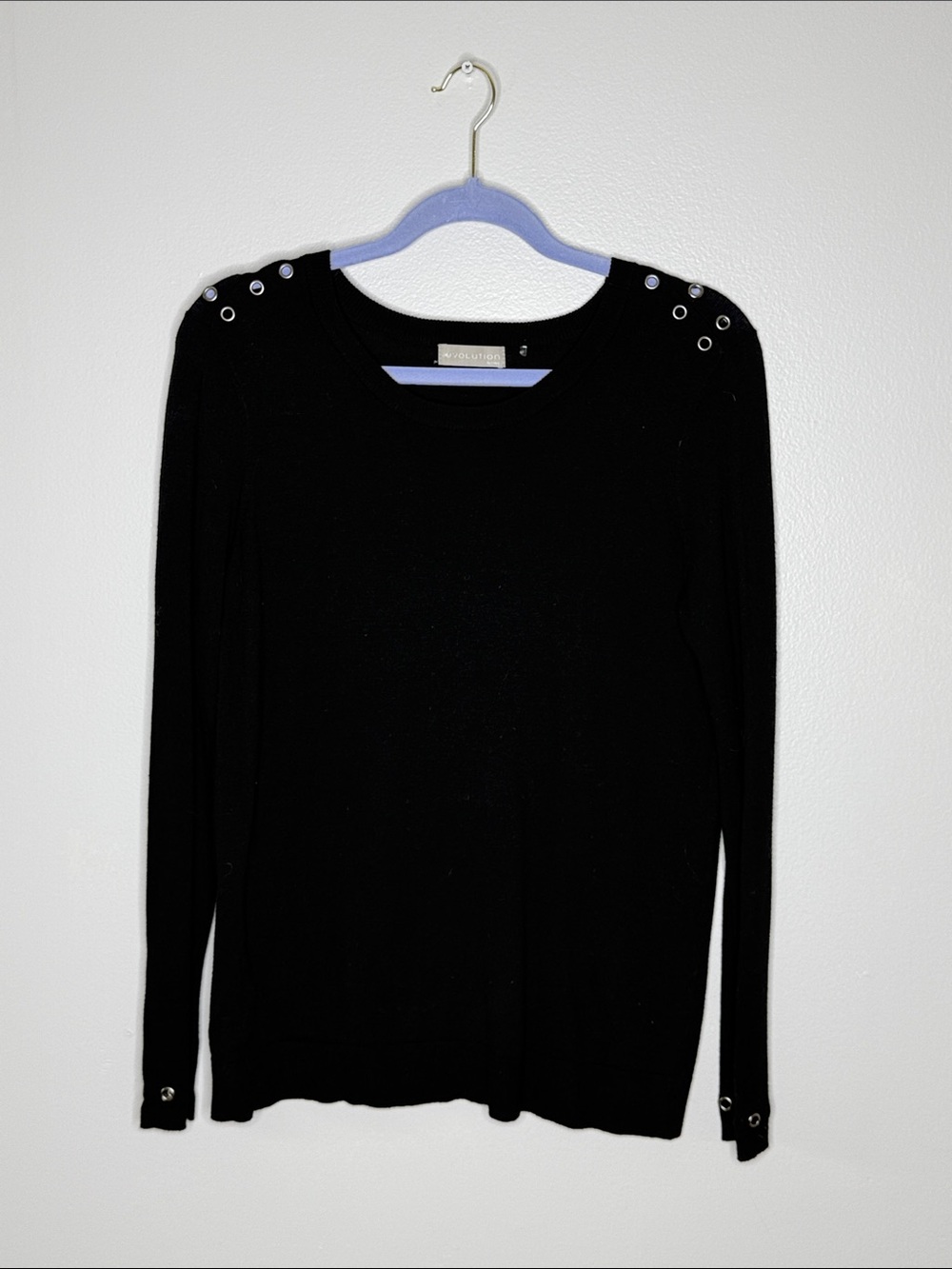 Evolution by Cyrus Black Long-Sleeve Crewneck Knit Top with Eyelets No Sz